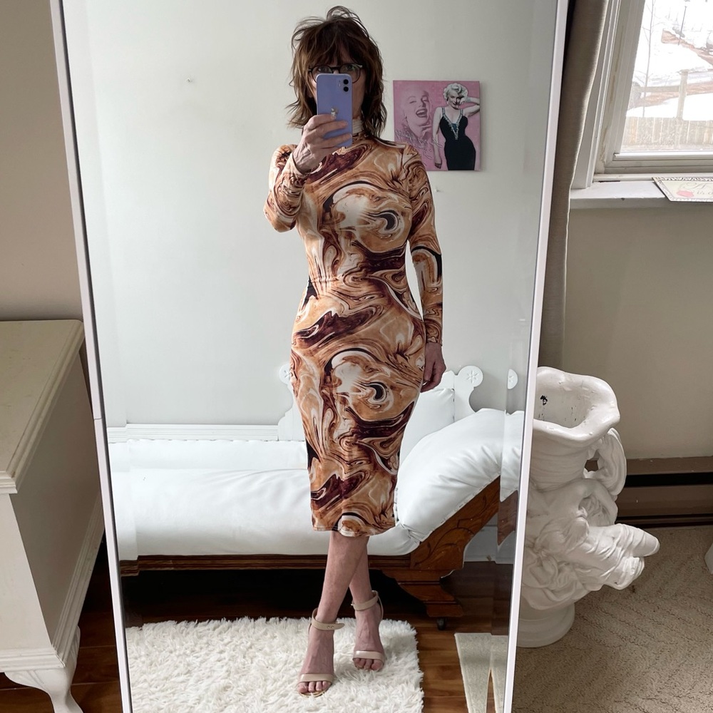 ORANGE BROWN CREAM PRINT LONG SLEEVE TURTLENECK DRESS SIDE SLIT STRETCH